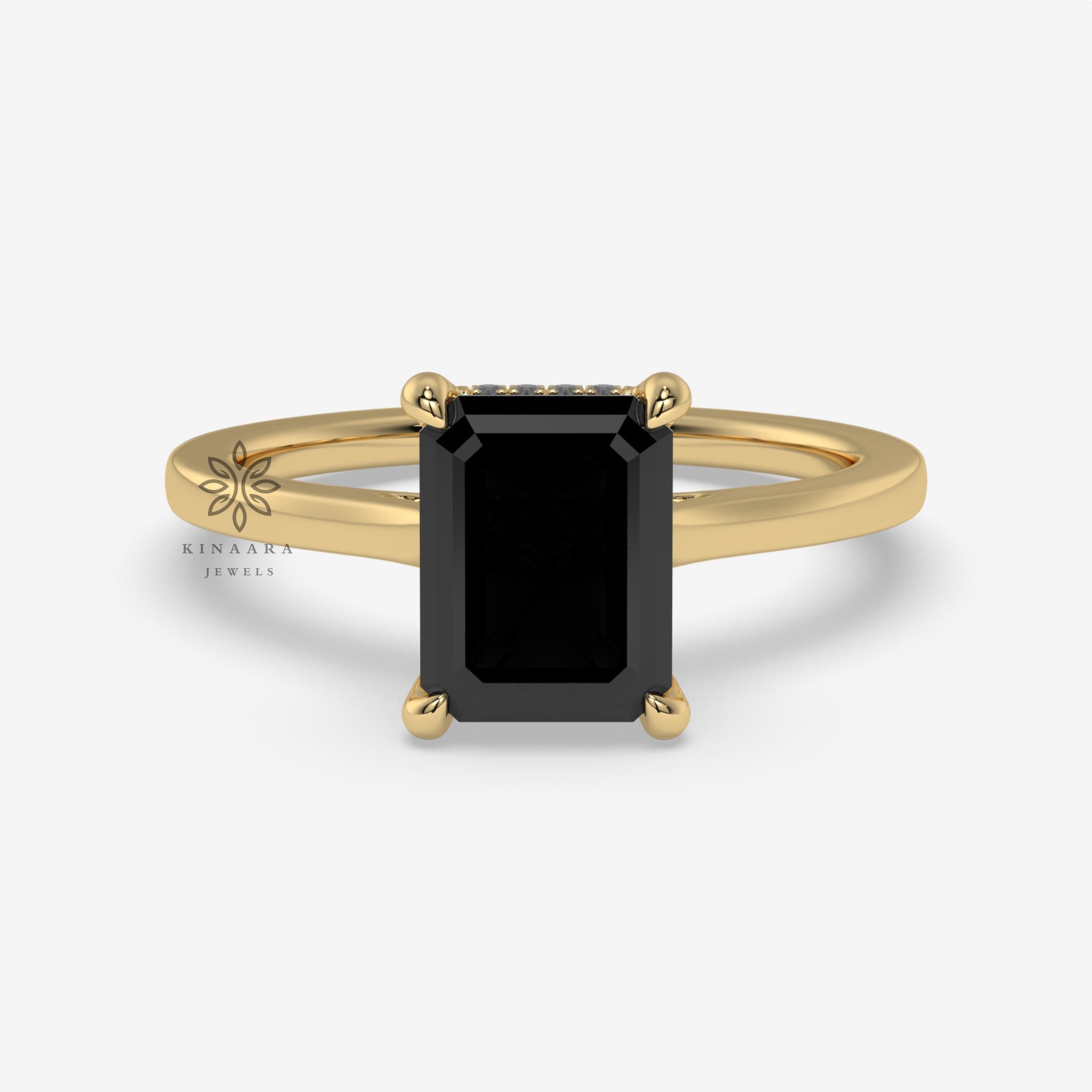 Emerald Cut Black Moissanite Hidden Halo Engagement Ring