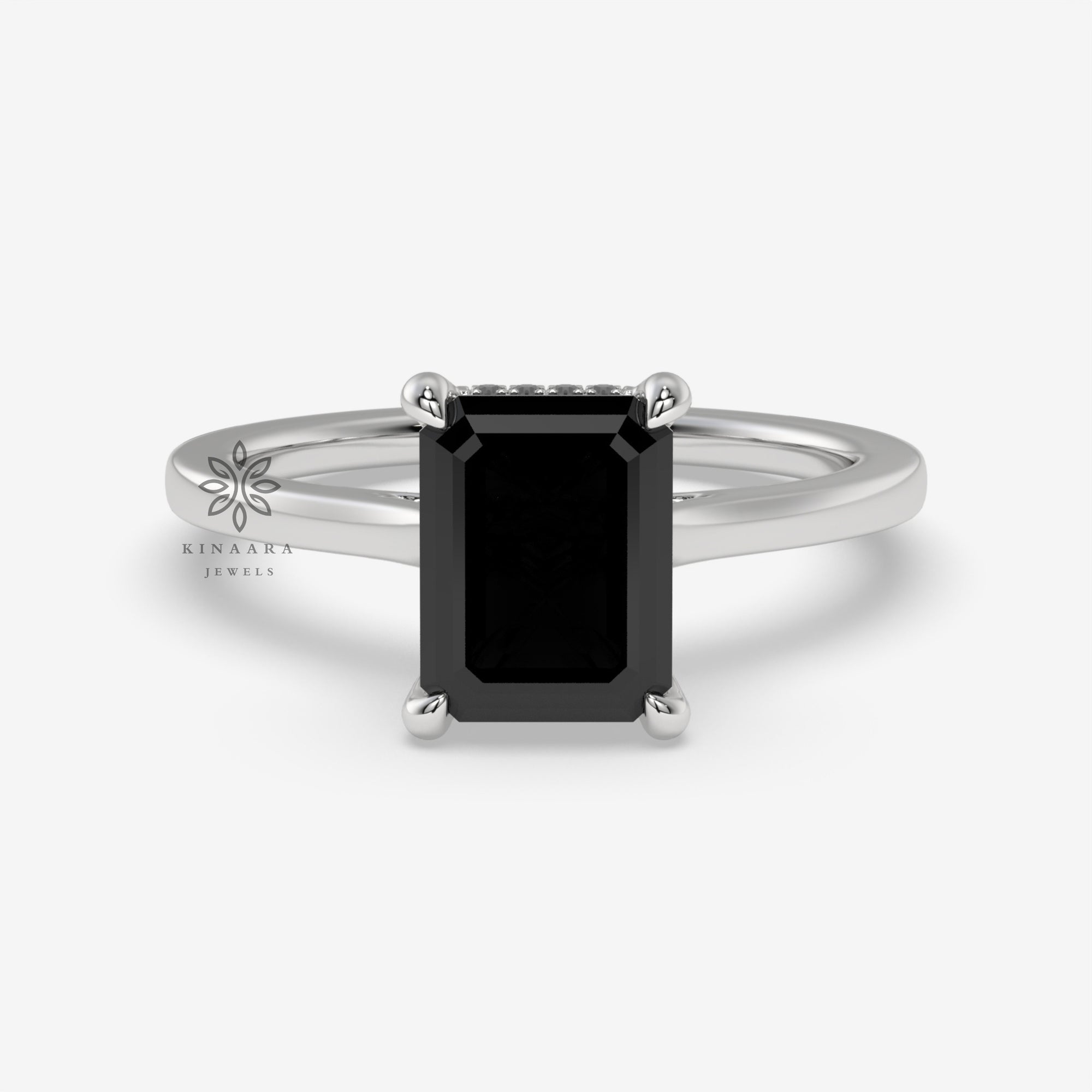 Emerald Cut Black Moissanite Hidden Halo Engagement Ring