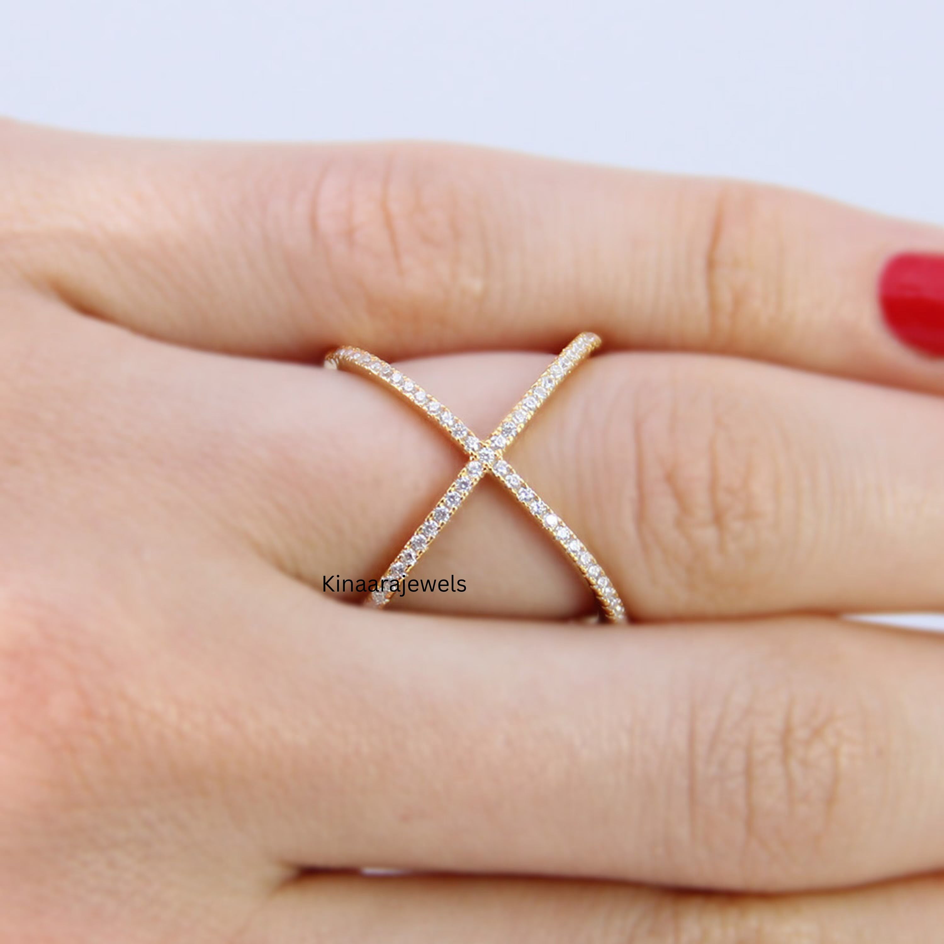 X Criss Cross Lab Diamond Ring, Lab Grown Diamond Ring Band 14K Yellow Gold Engagement Ring, Diamond Eternity Ring, Double Band Ring