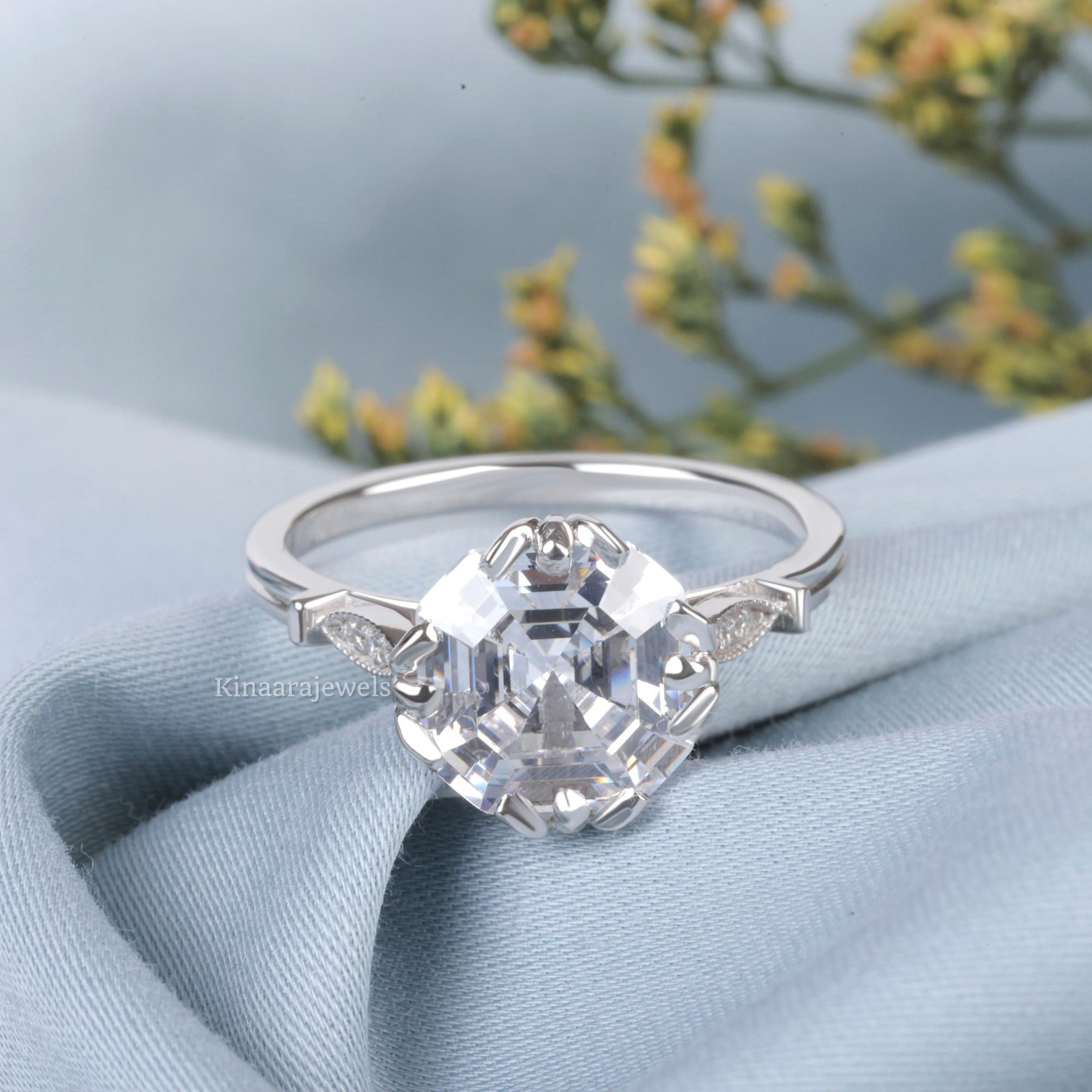 Asscher Cut Moissanite 14K Solid White Gold Engagement Ring