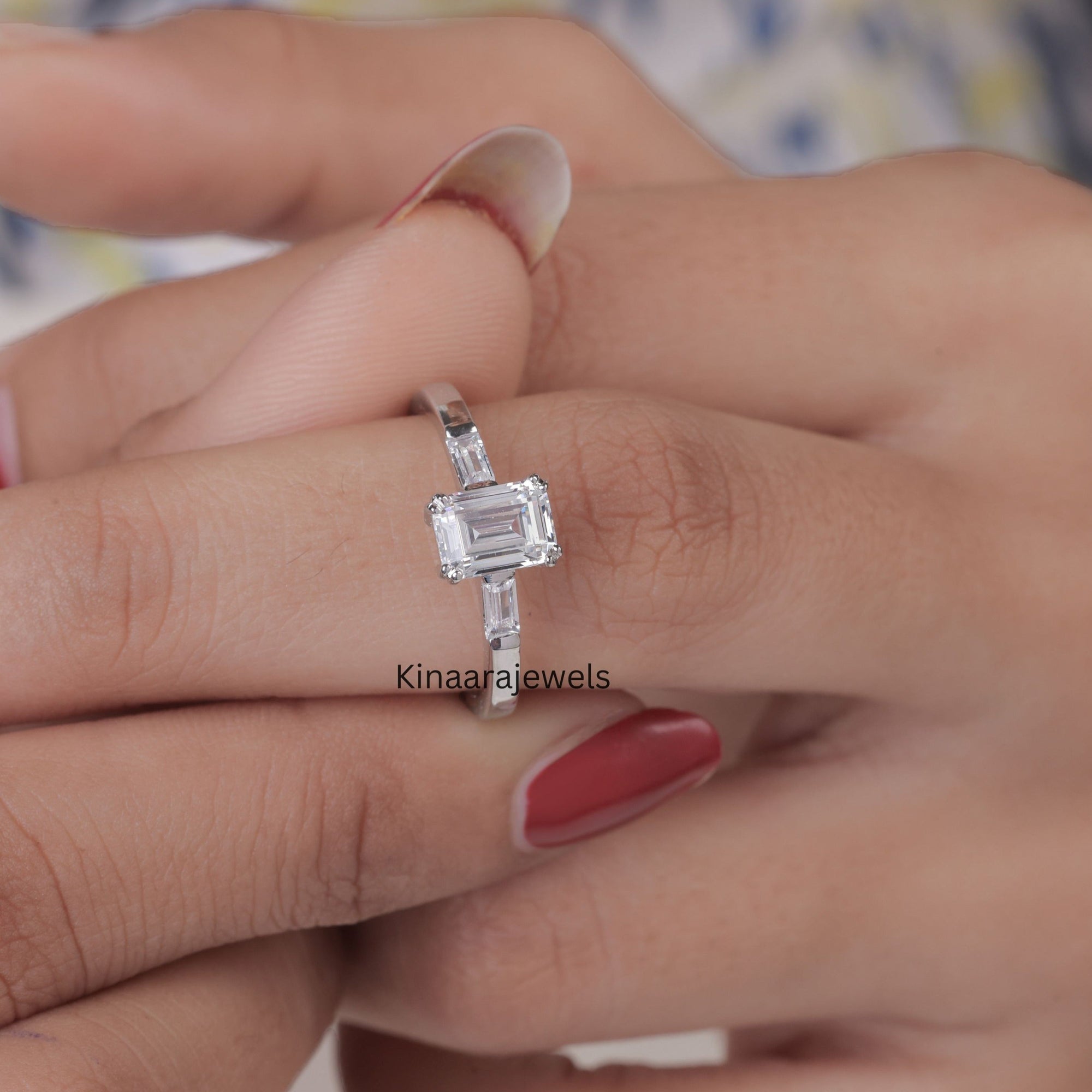 Emerald Cut Diamond Three Stone Engagement Ring - Kinaara Jewels1
