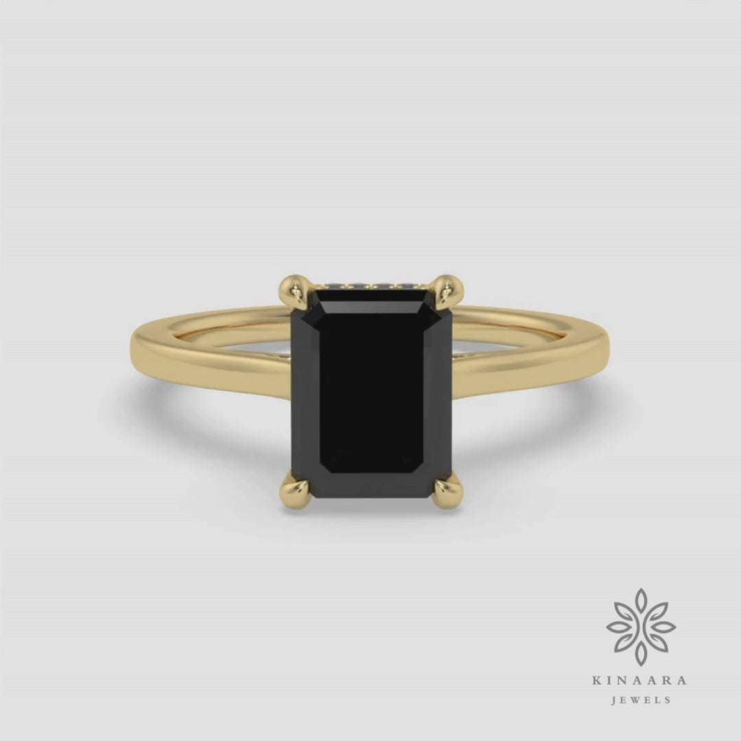 Emerald Cut Black Moissanite Hidden Halo Engagement Ring