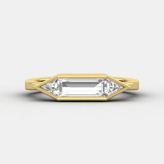 East West Baguette Cut with Triangle Cut Moissanite Three Stone Engagement Ring, bezel set engagement ring