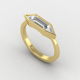 East West Baguette Cut with Triangle Cut Moissanite Three Stone Engagement Ring, bezel set engagement ring