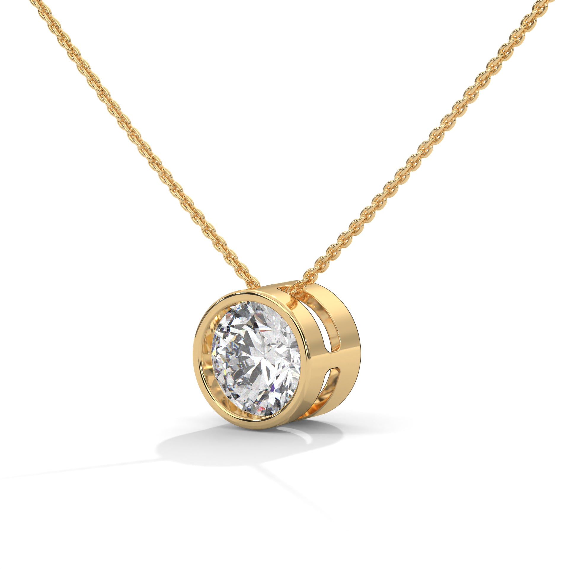 round cut diamond solitaire pendant with bezel set in 14K Yellow Gold 