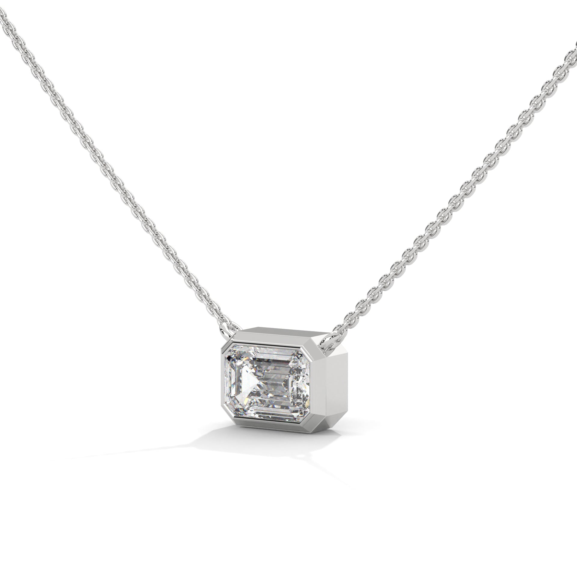 East West Emerald Cut Lab Grown Diamond Solitaire Pendant with Bezel Set, Emerald Solitaire Pendant with Chain