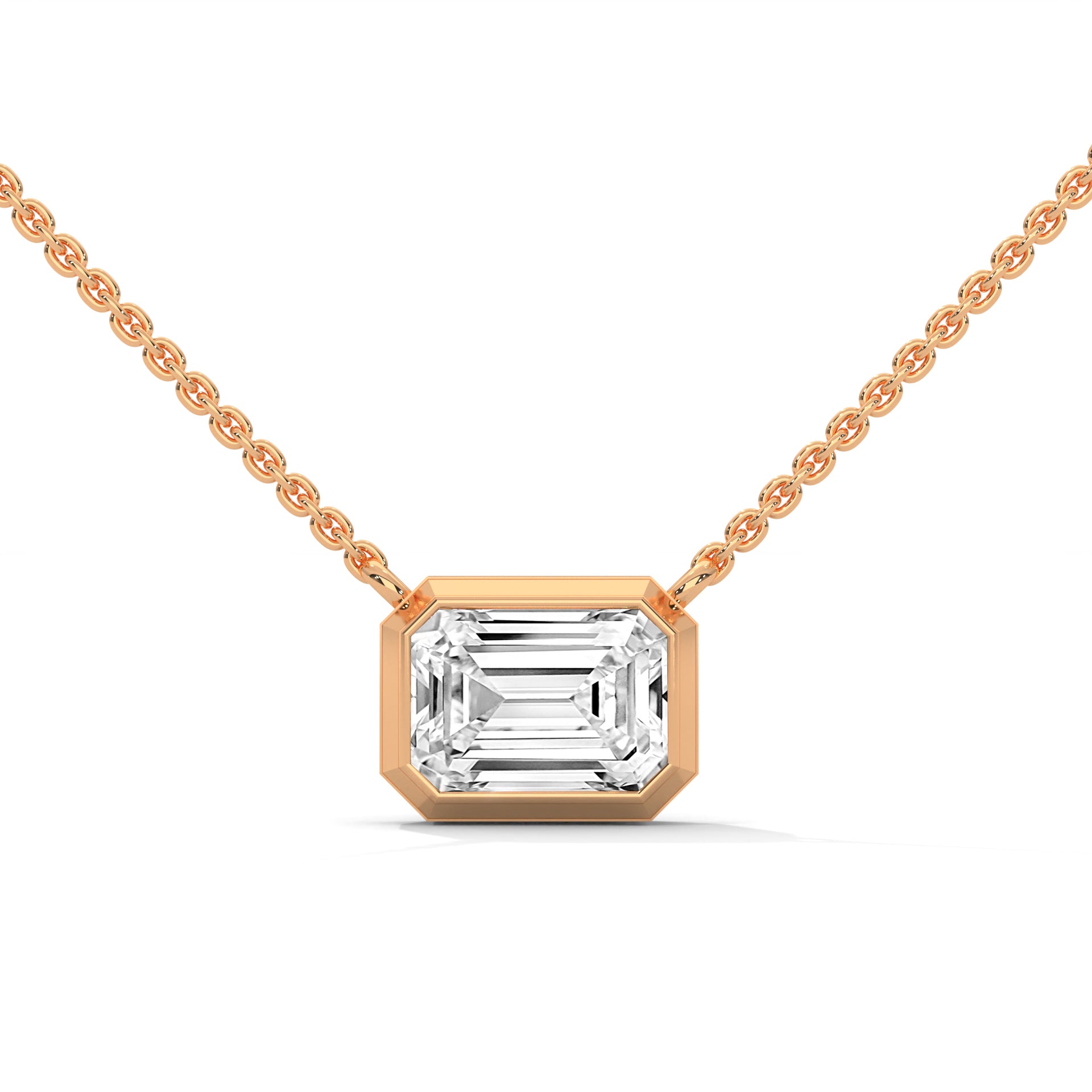 East West Emerald Cut Lab Grown Diamond Solitaire Pendant with Bezel Set, Emerald Solitaire Pendant with Chain
