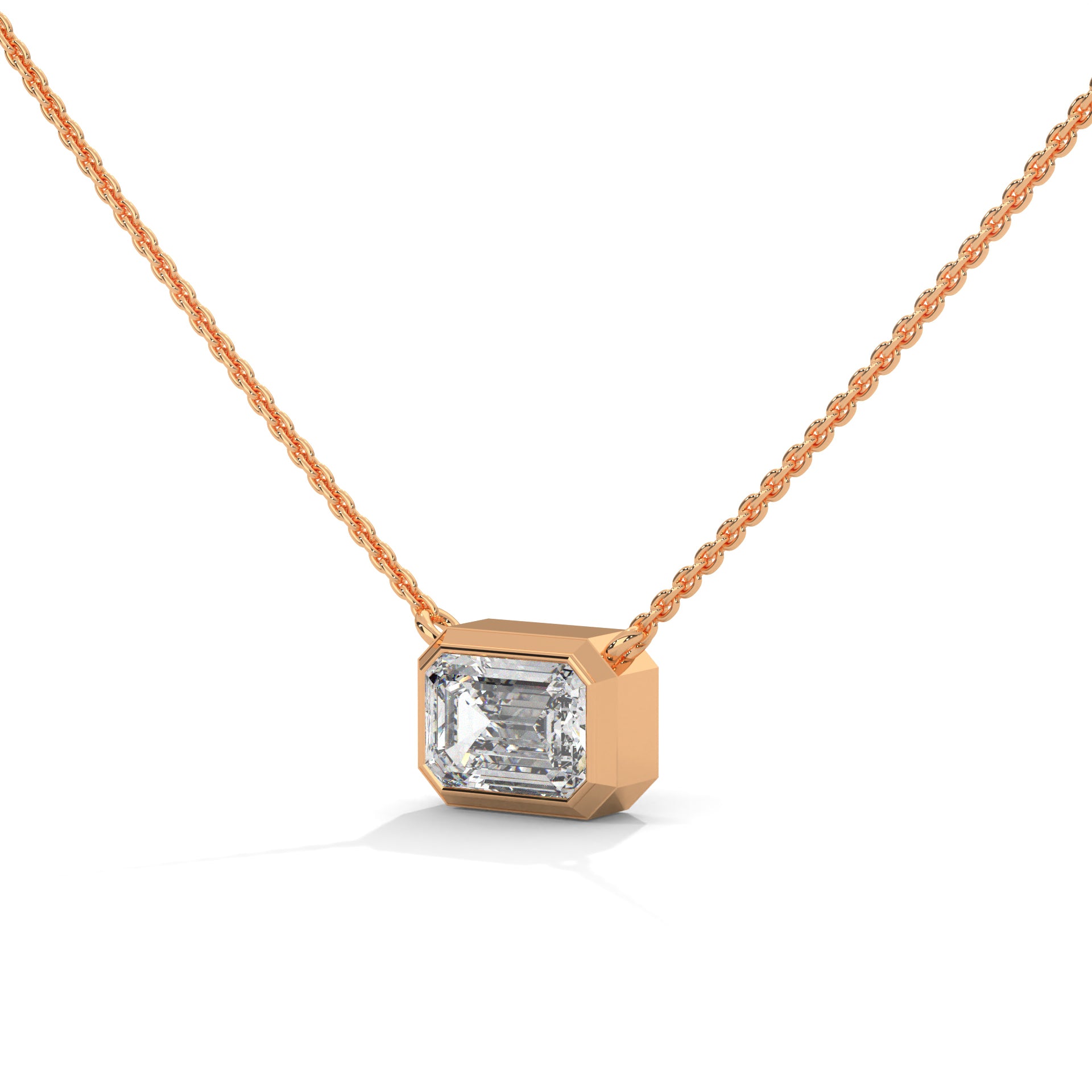 East West Emerald Cut Lab Grown Diamond Solitaire Pendant with Bezel Set, Emerald Solitaire Pendant with Chain