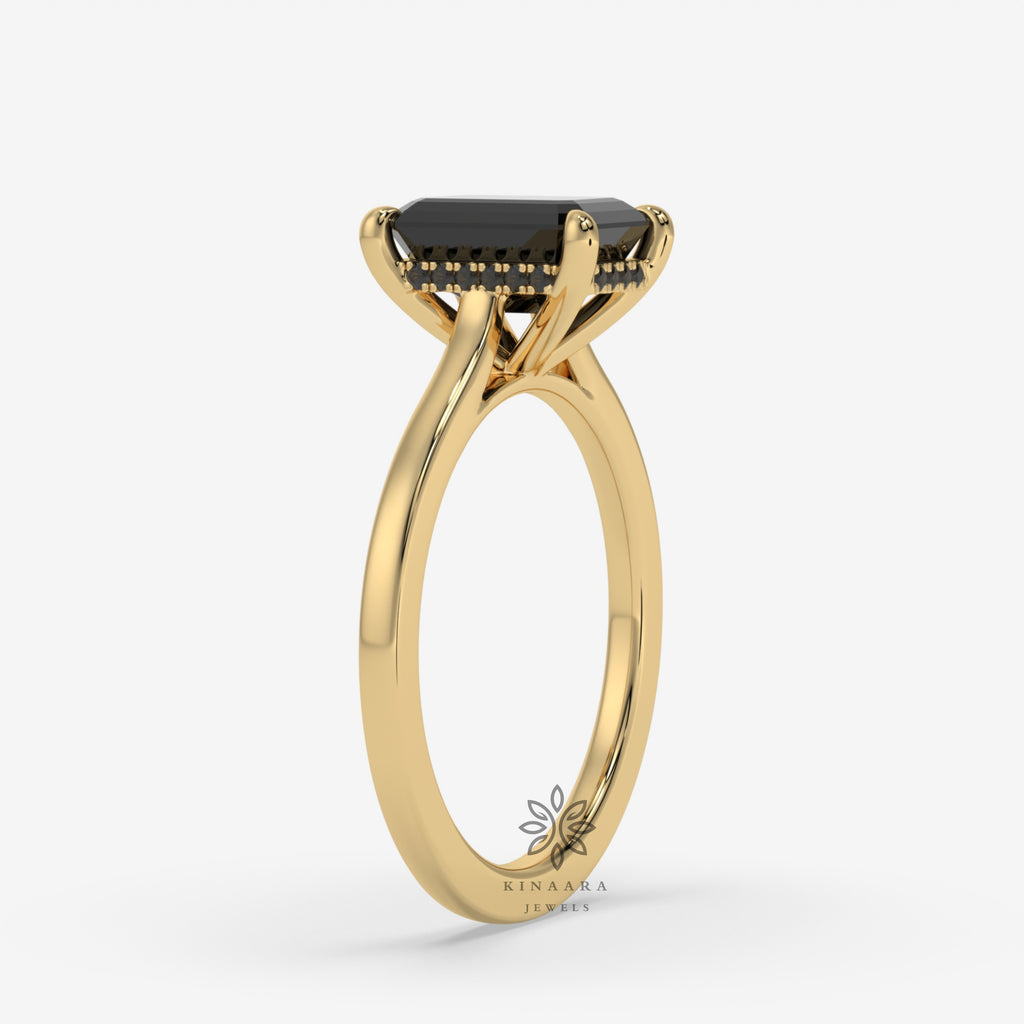 Emerald Cut Black Moissanite Hidden Halo Engagement Ring