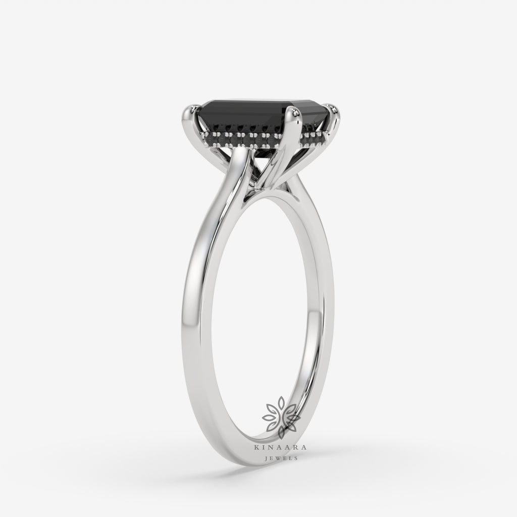 Emerald Cut Black Moissanite Hidden Halo Engagement Ring