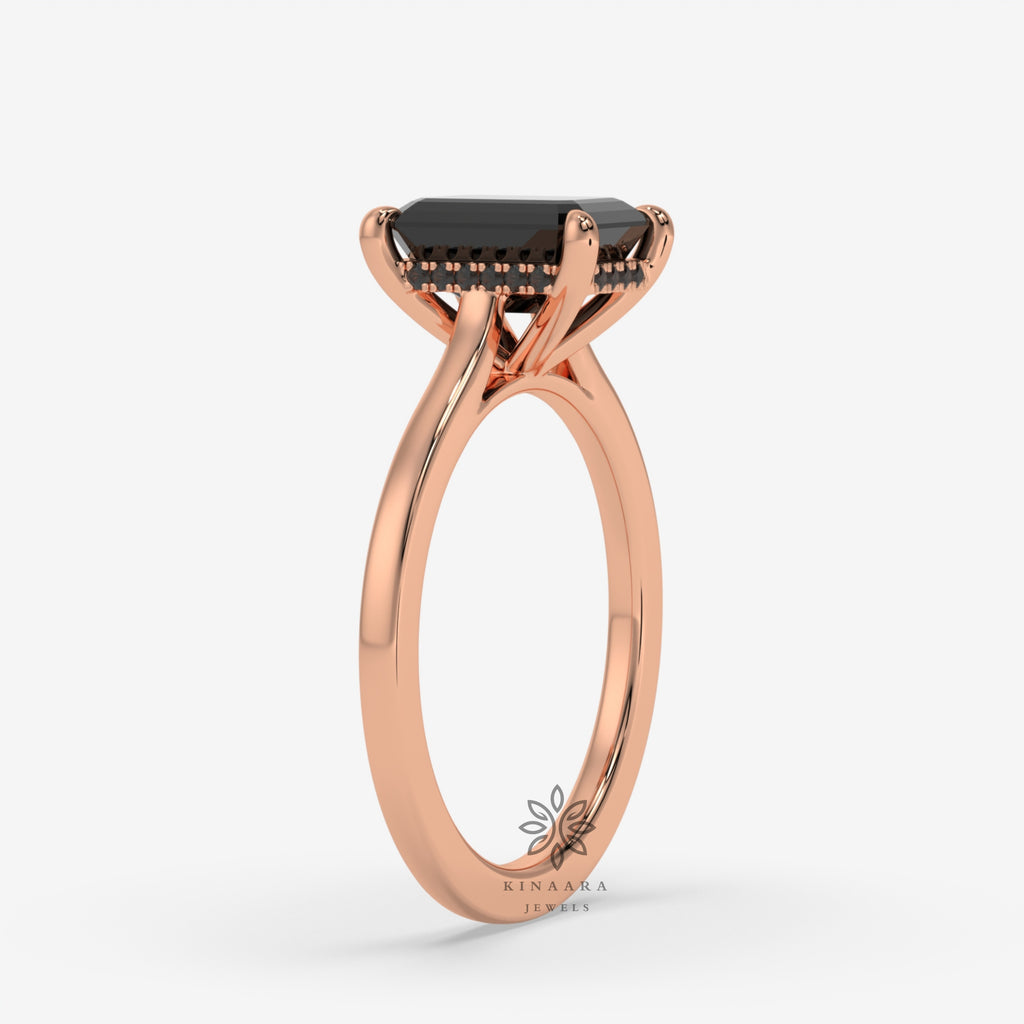 Emerald Cut Black Moissanite Hidden Halo Engagement Ring