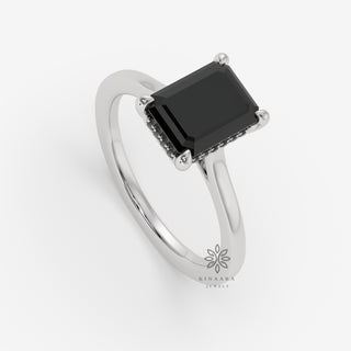 Emerald Cut Black Moissanite Hidden Halo Engagement Ring