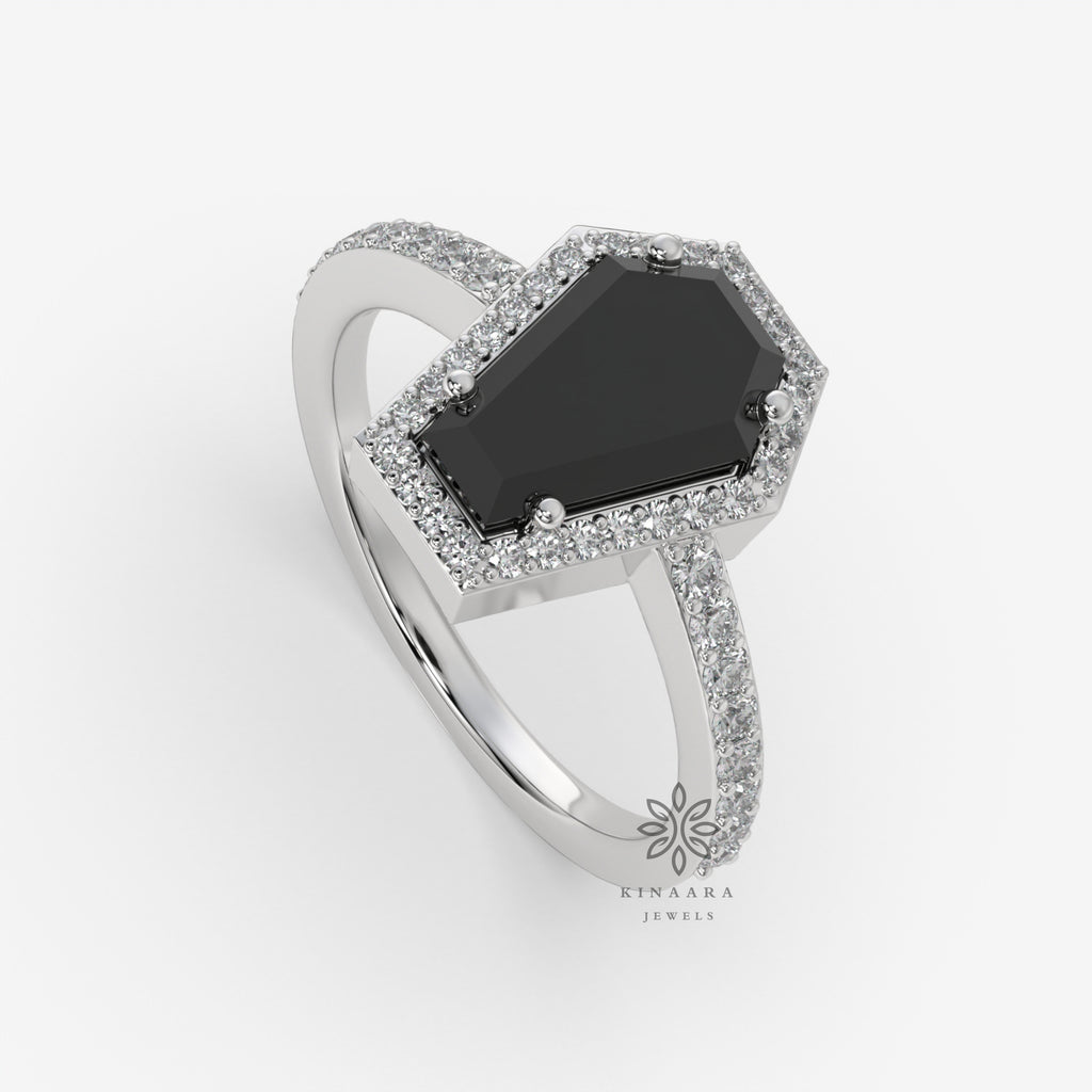 2.00 CT Black Coffin Cut Moissanite Ring, Black Coffin Halo Engagement Ring