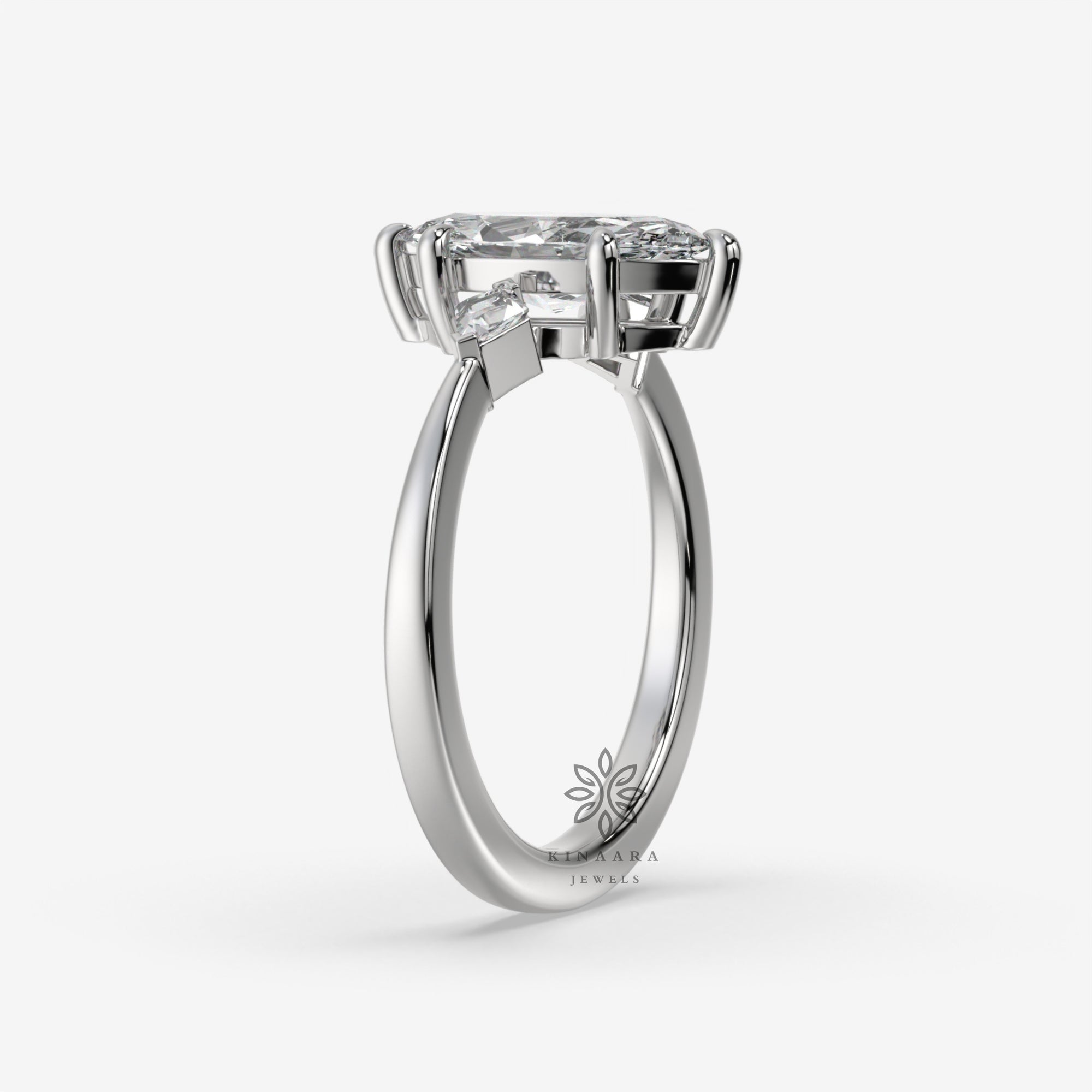 Three Stone Marquise Engagement Ring with Side Kite Cut Diamonds