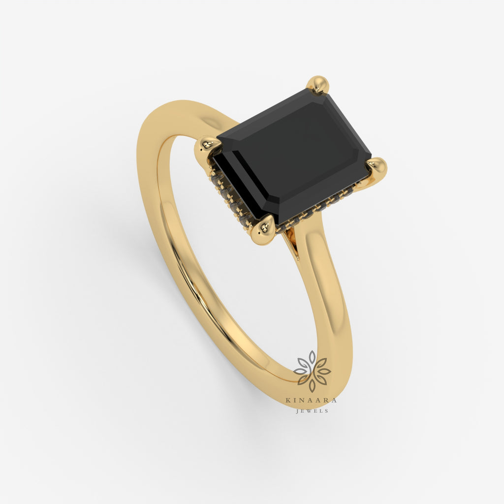 Emerald Cut Black Moissanite Hidden Halo Engagement Ring