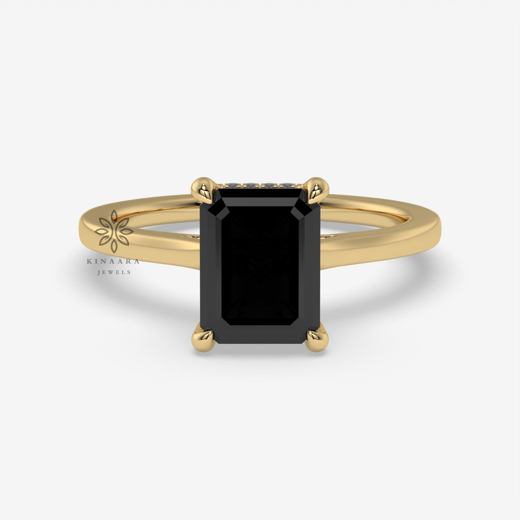 Emerald Cut Black Moissanite Hidden Halo Engagement Ring