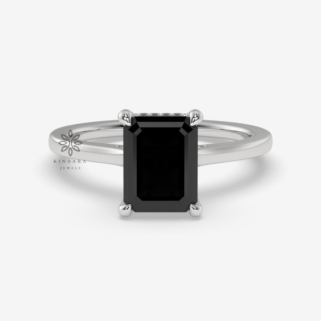 Emerald Cut Black Moissanite Hidden Halo Engagement Ring
