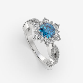 2 Ct Round Cut Cyan Blue Moissanite Twisted Ring