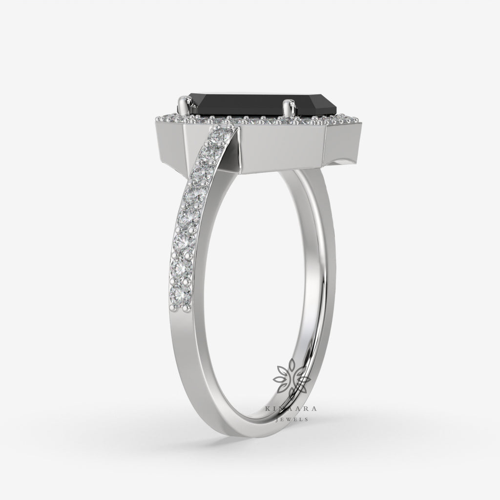 2.00 CT Black Coffin Cut Moissanite Ring, Black Coffin Halo Engagement Ring