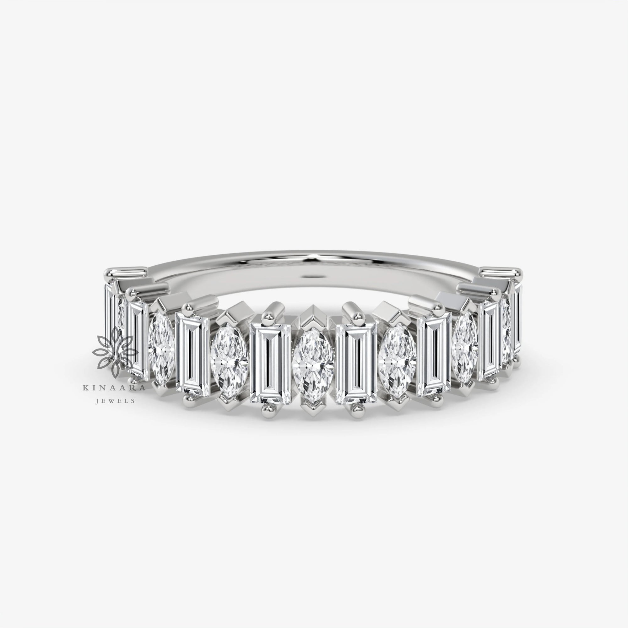 Baguette and Marquise Moissanite Half Eternity Wedding Band in white gold