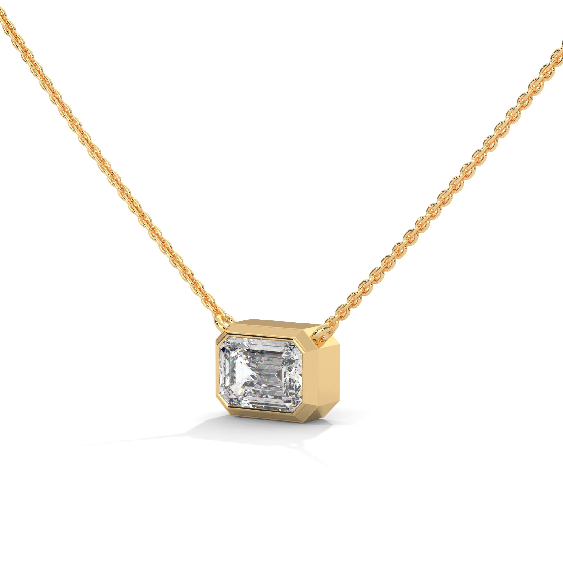 East West Emerald Cut Lab Grown Diamond Solitaire Pendant with Bezel Set, Emerald Solitaire Pendant with Chain