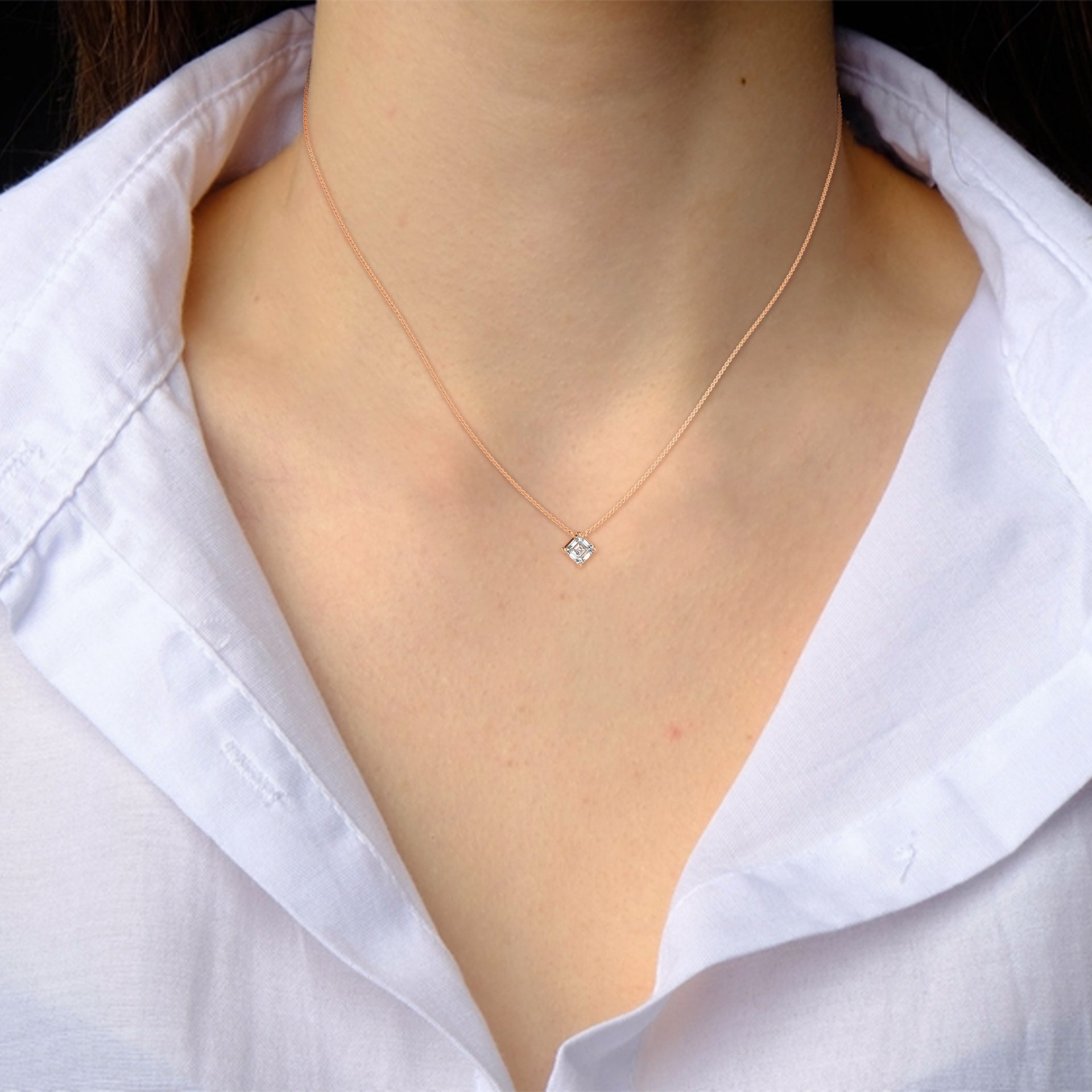 Button Prong Asscher Cut Diamond Pendant in Rose Gold