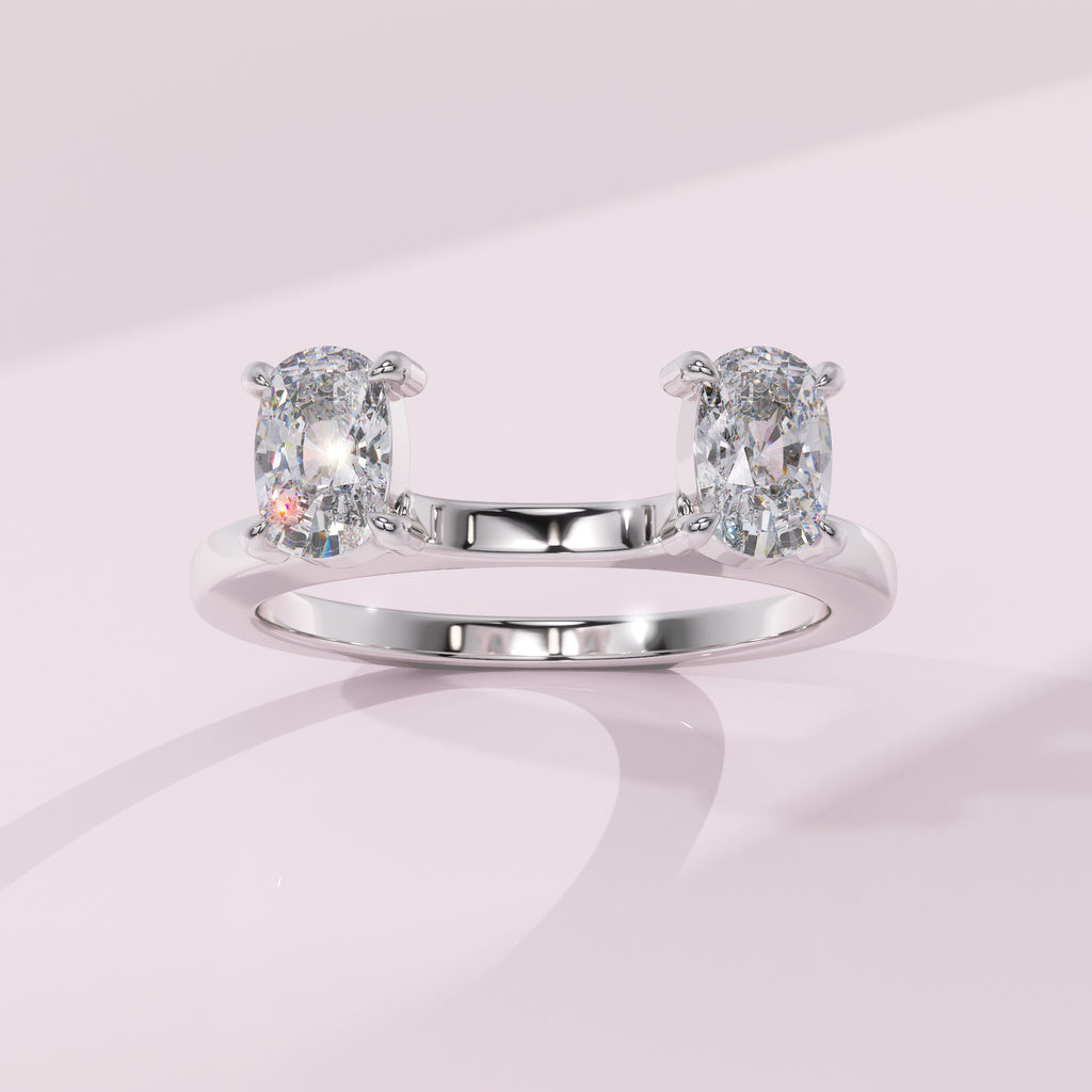 Custom elongated cushion cut ring enhancer designed for bridal ring stacking