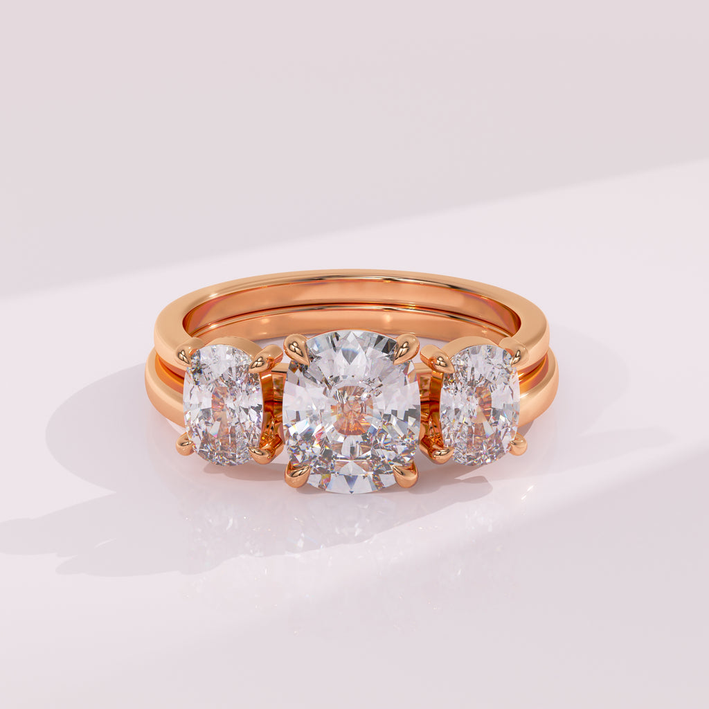 Double elongated cushion diamond wedding ring guard band for solitaire engagement rings