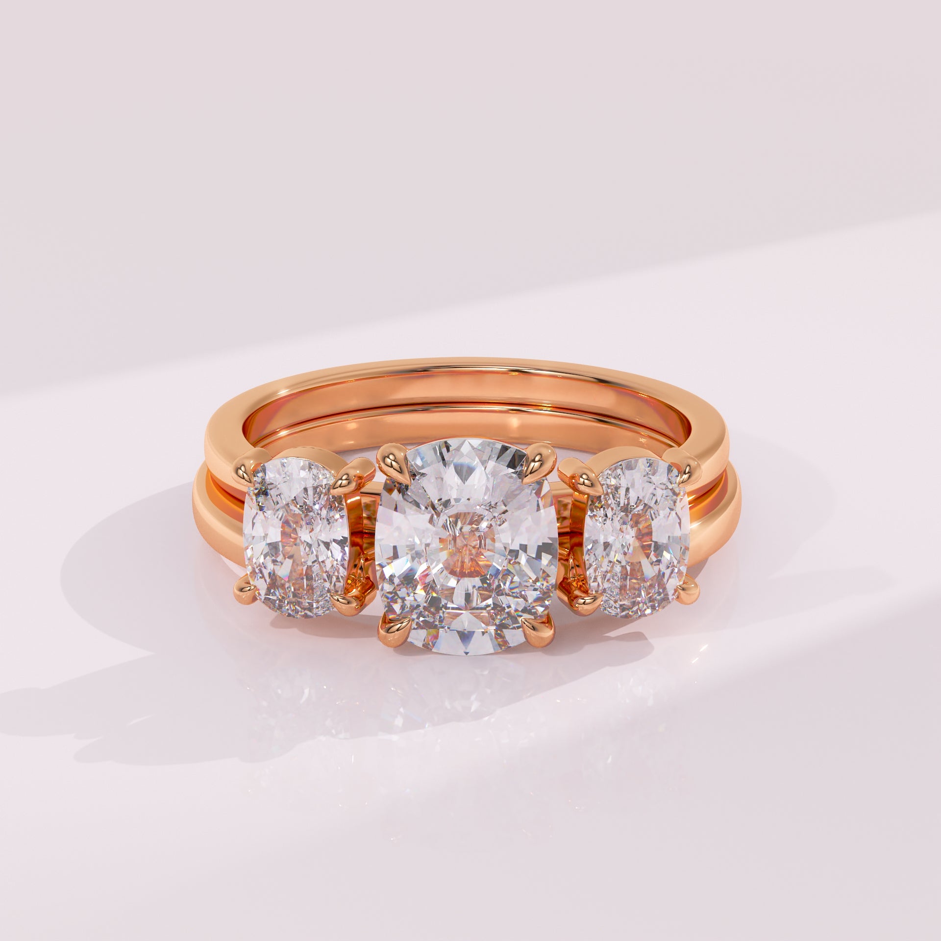 Double elongated cushion diamond wedding ring guard band for solitaire engagement rings