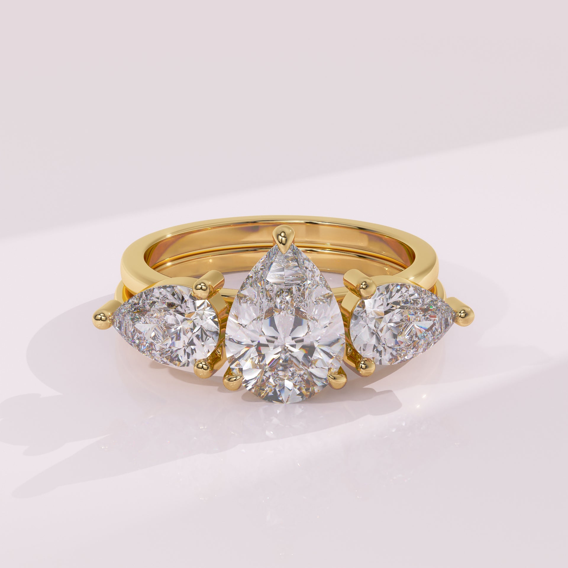 Double pear diamond wedding ring guard band with matching pear cut stones