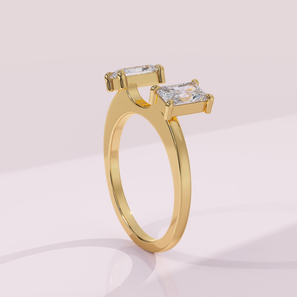 Double radiant cut moissanite guard ring handcrafted in yellow white or rose gold