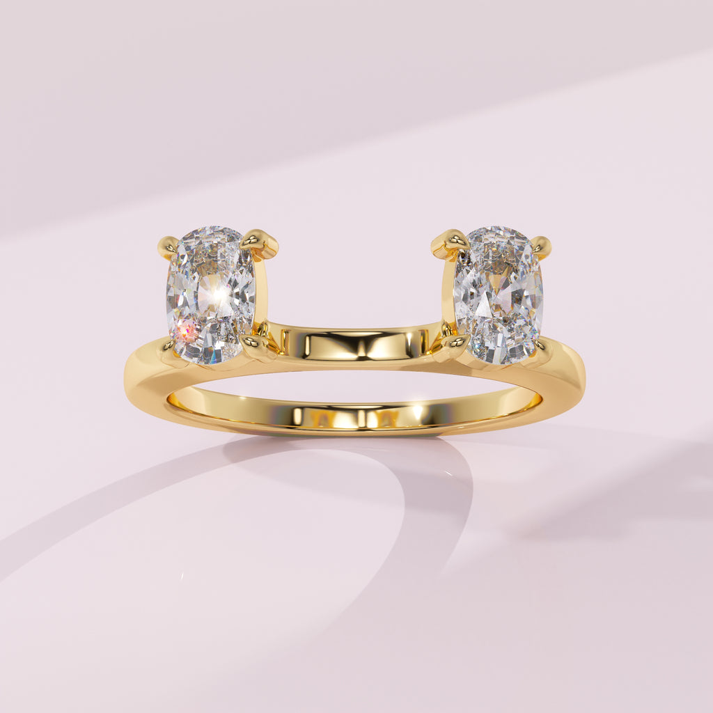 Elongated cushion cut moissanite double stone wedding ring enhancer in solid gold