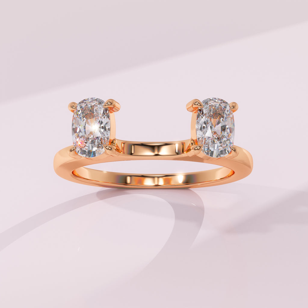 Elongated cushion moissanite open wrap ring enhancer with two matching stones