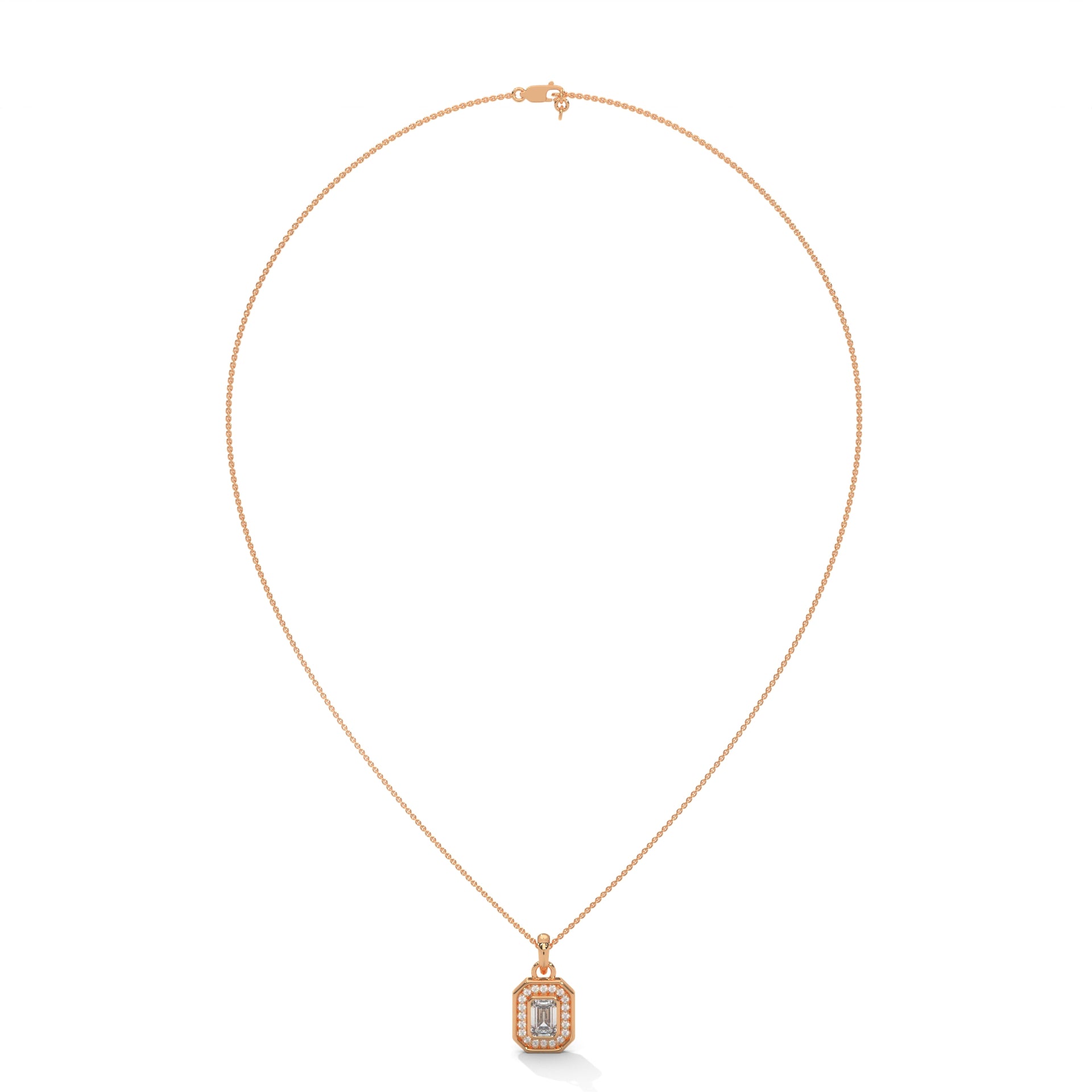 Emerald Cut Diamond Pendant with Halo in Rose Gold