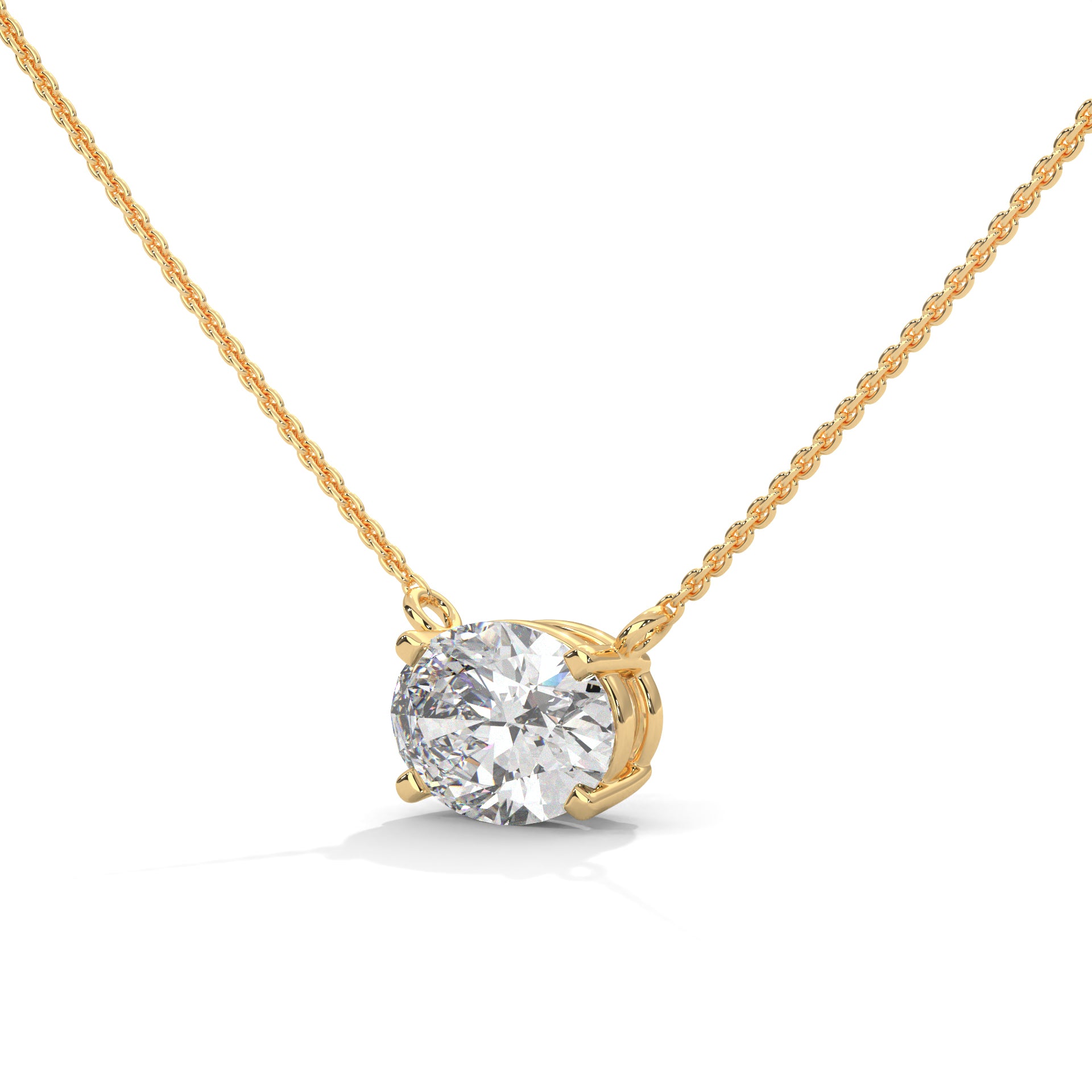 Four Prong Basket East West Oval Lab Grown Diamond Solitaire Pendant with Chain in 18K