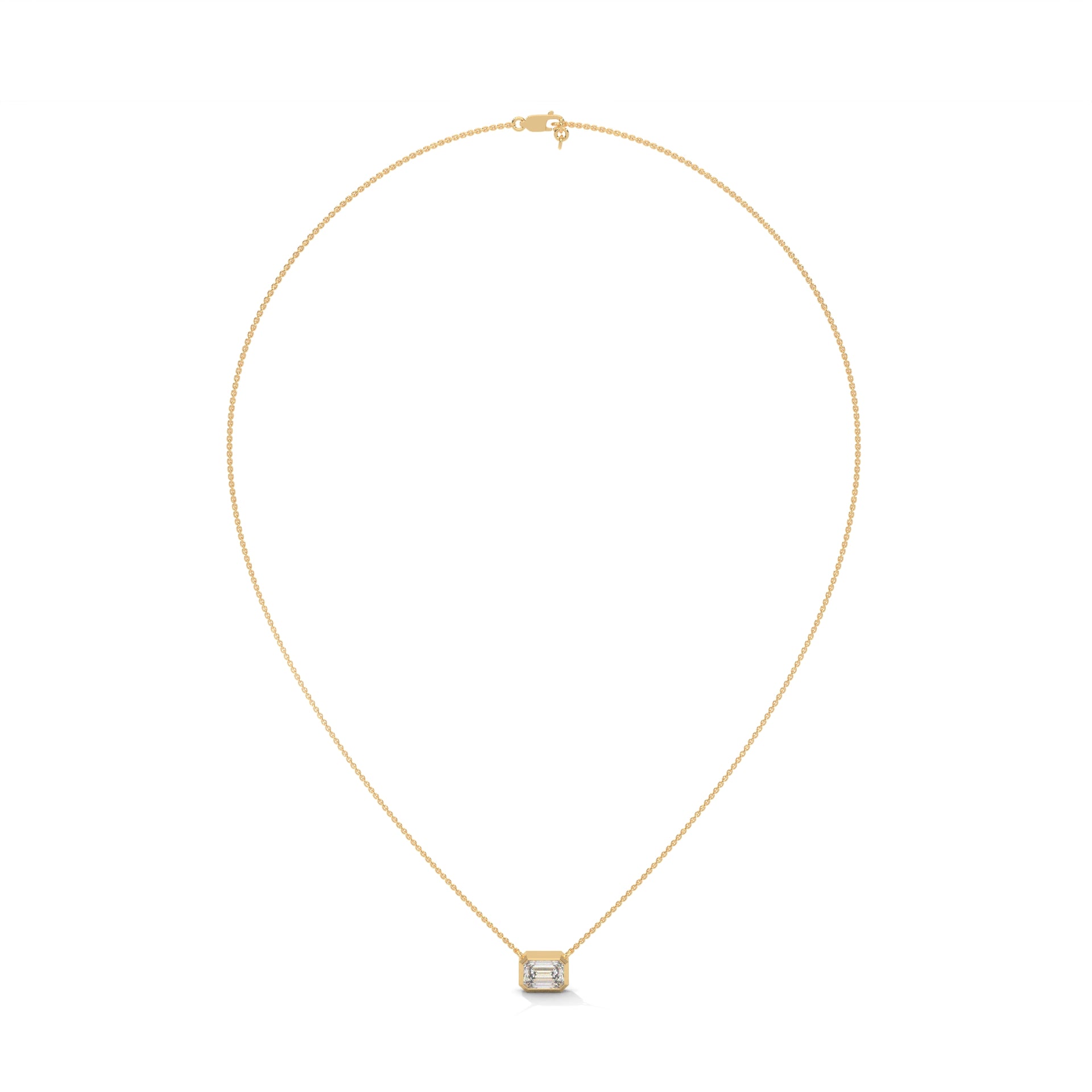 East West Emerald Cut Lab Grown Diamond Solitaire Pendant with Bezel Set, Emerald Solitaire Pendant with Chain