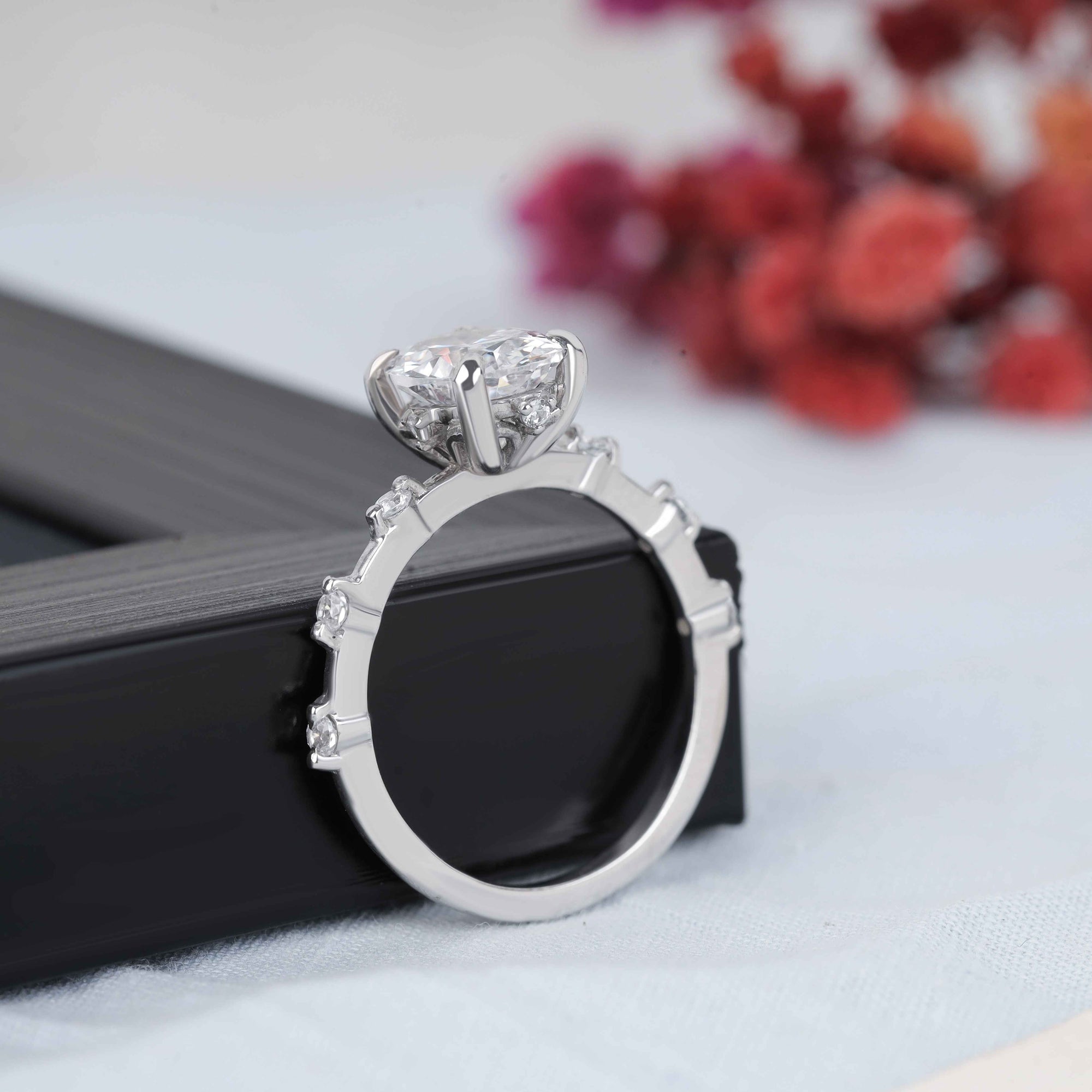 Oval cut Unique Distance Pave Set moissanite Engagement Ring