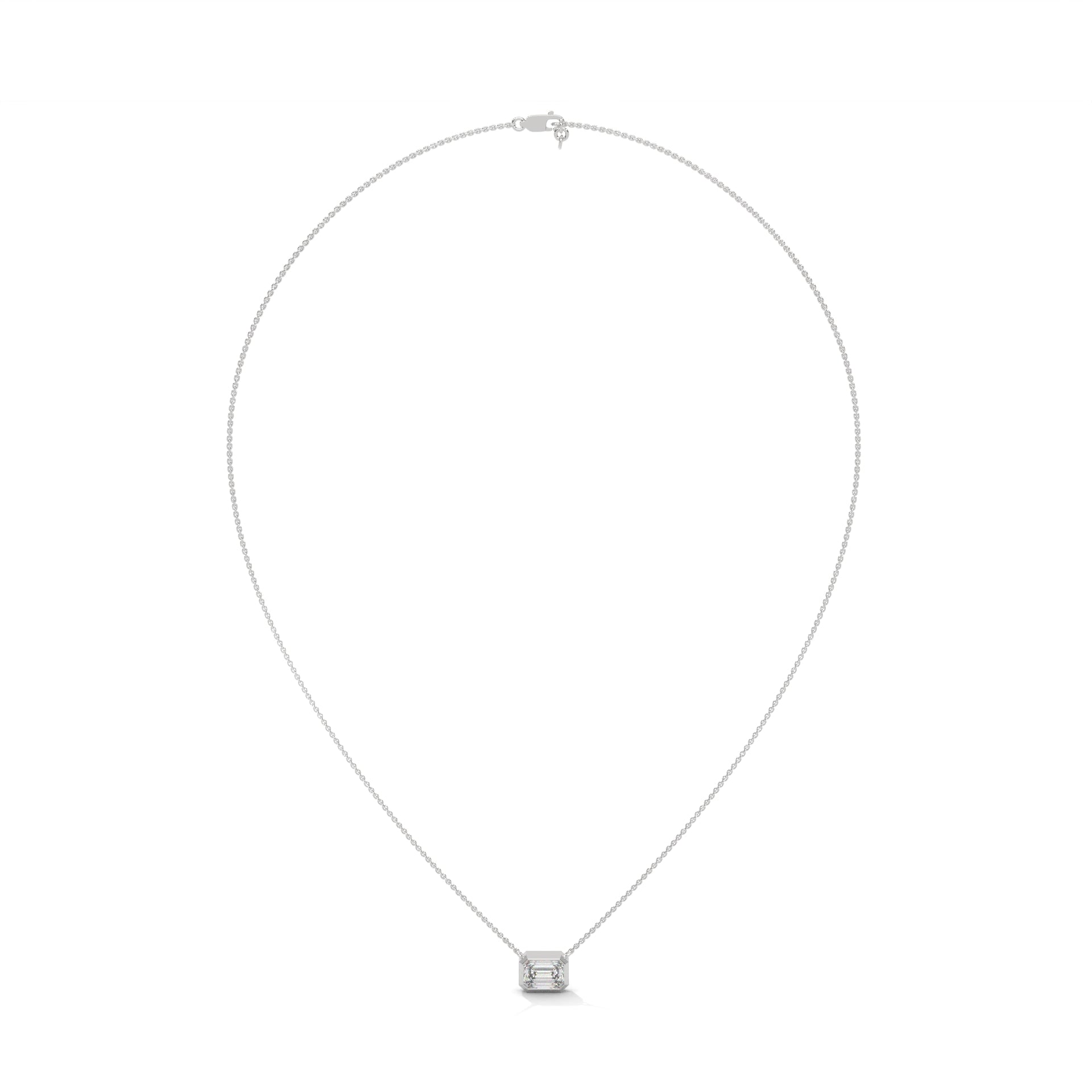 East West Emerald Cut Lab Grown Diamond Solitaire Pendant with Bezel Set, Emerald Solitaire Pendant with Chain