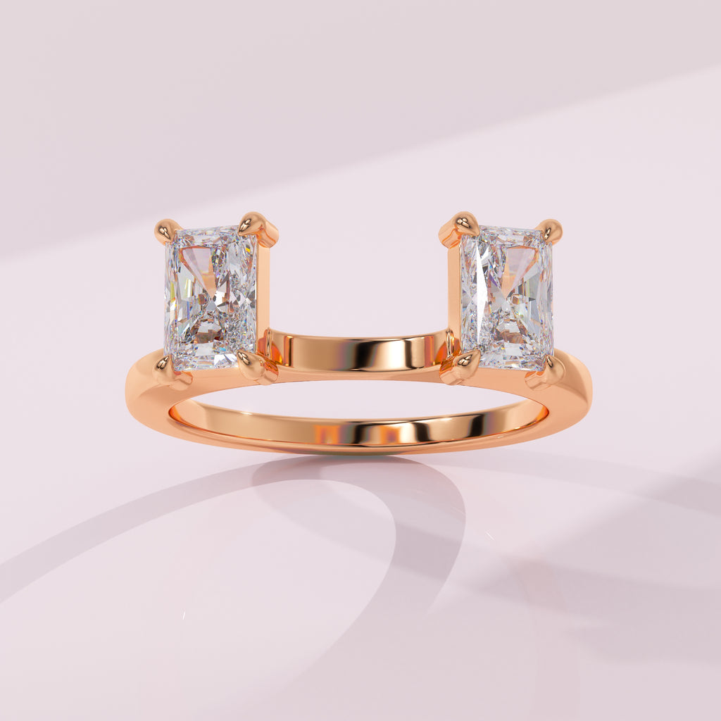 Radiant cut two stone moissanite open guard ring with modern contour design
