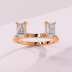 Radiant cut two stone moissanite open guard ring with modern contour design
