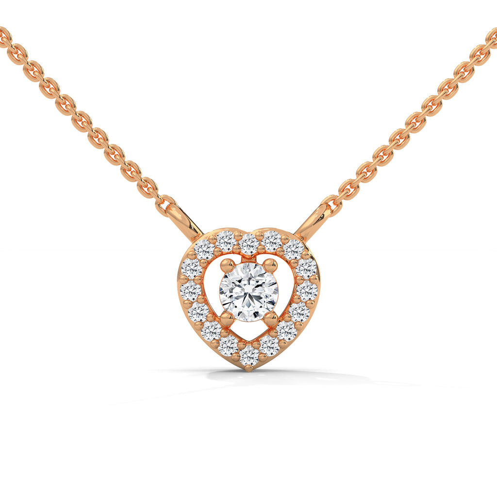 Rose Gold Round Diamond Heart Pendant with Halo Setting