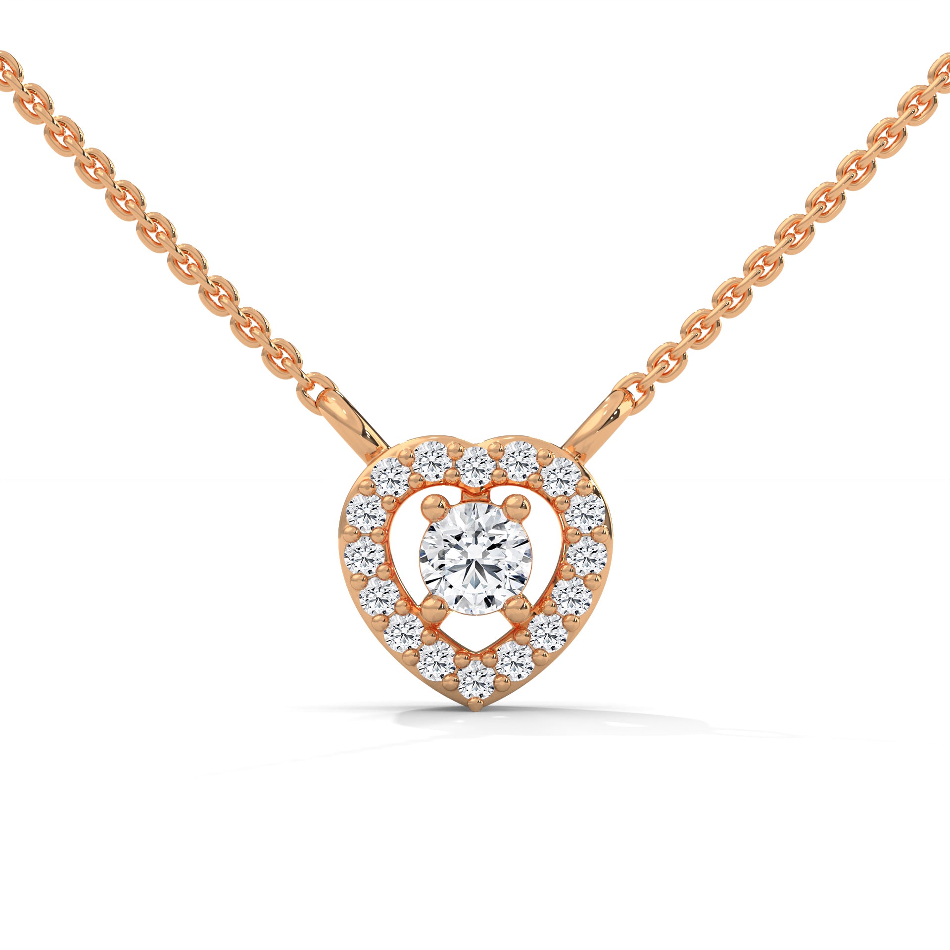 Rose Gold Round Diamond Heart Pendant with Halo Setting