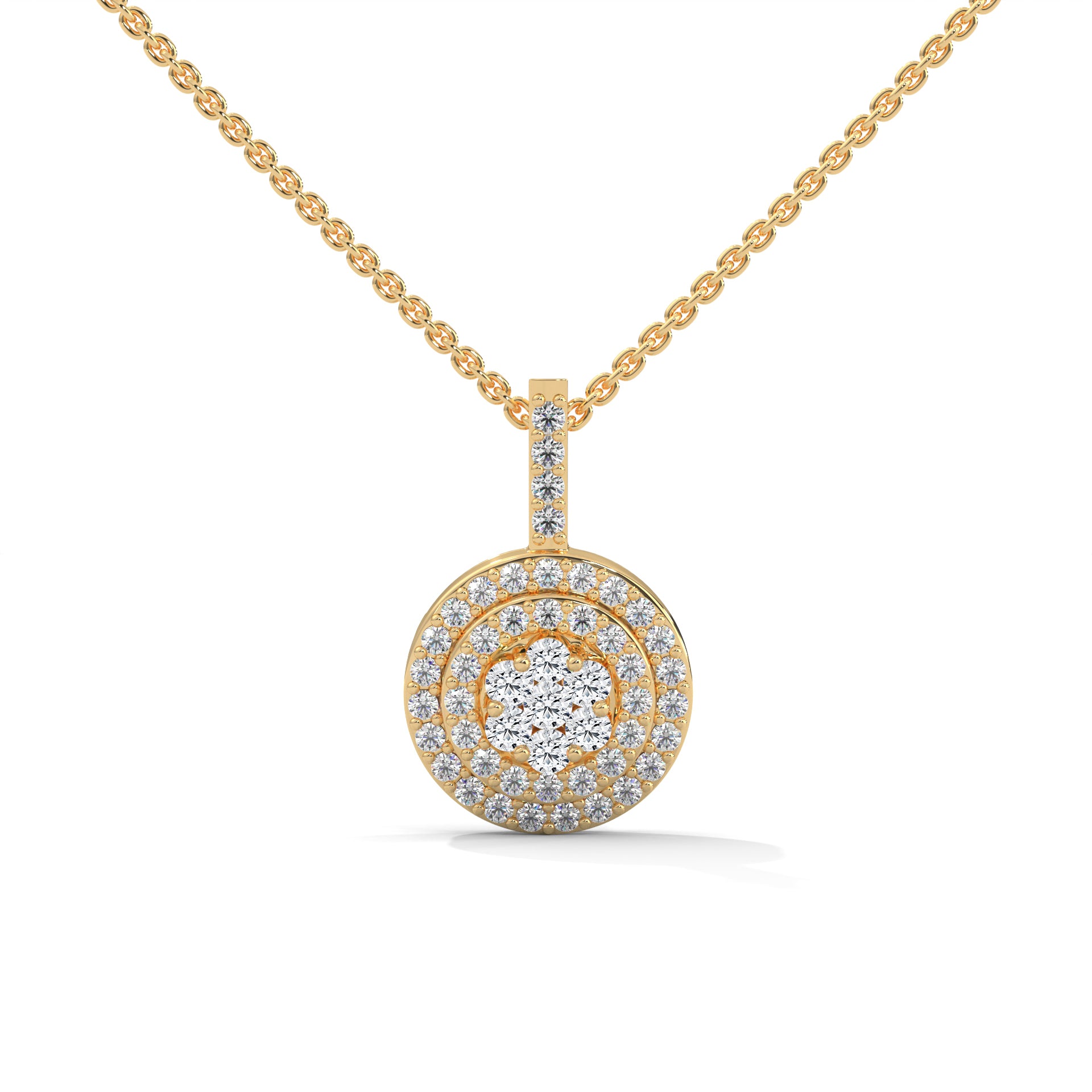Round Cut Diamond Flower Design Pendant with Double halo setting