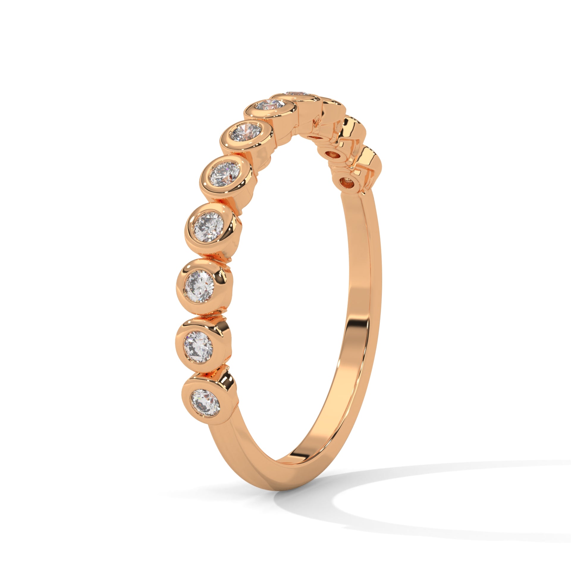 Round Cut Mossanite Bezel Set Eternity Wedding Band in Rose Gold