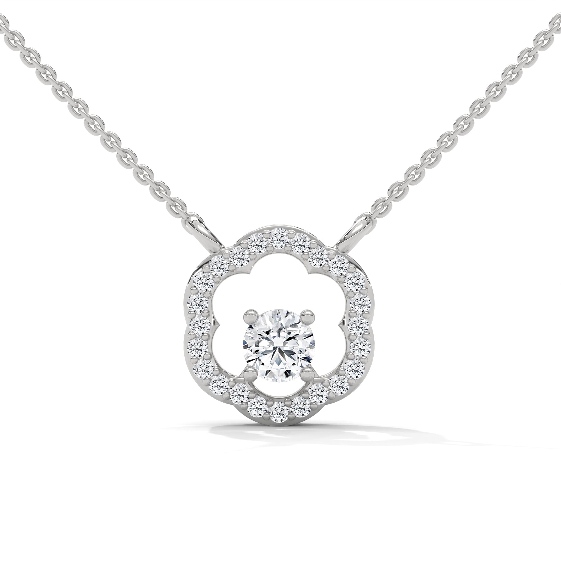 Round Diamond Pendant with Floral Halo Setting in White Gold