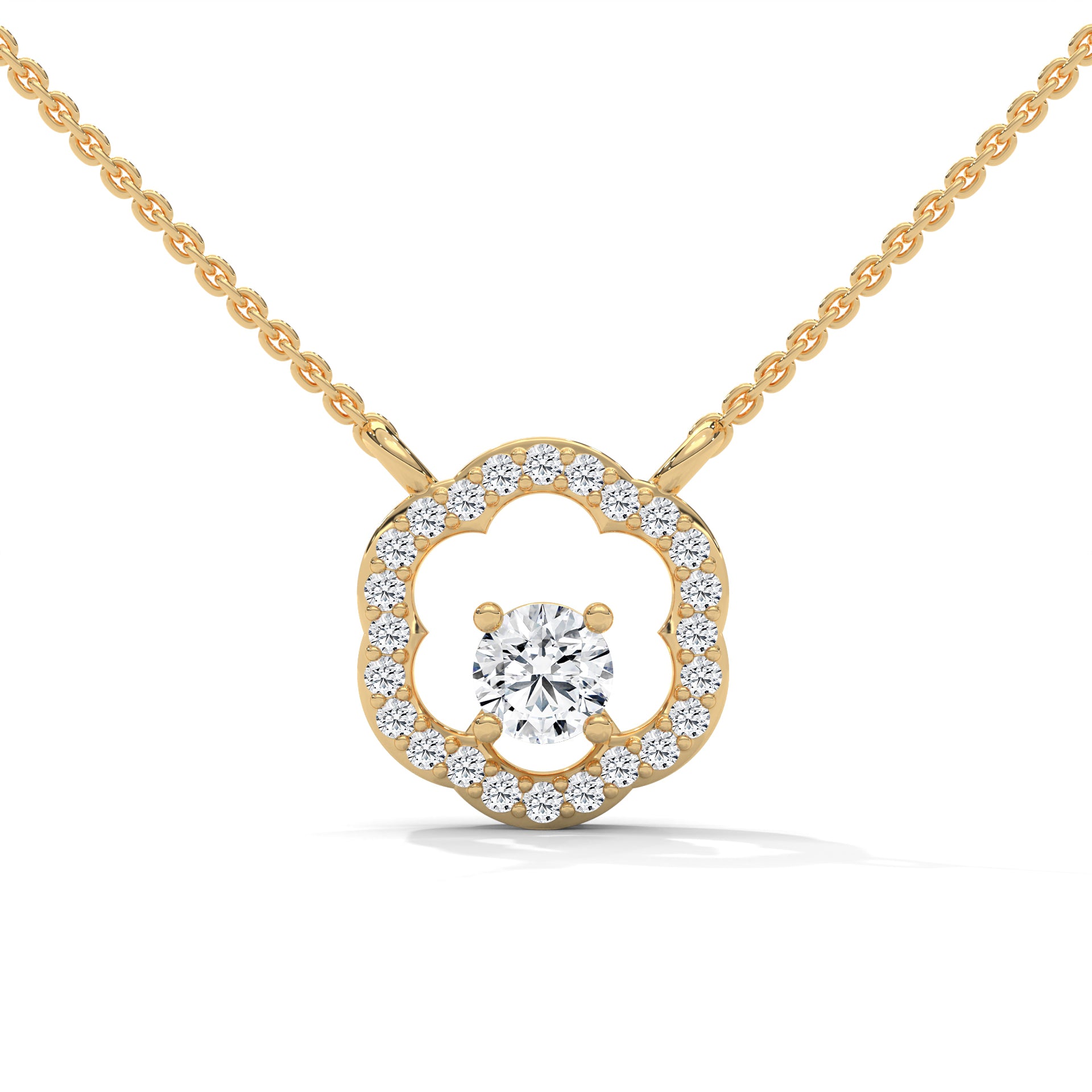 Round Diamond set in Floral Pattern Pendent with Halo setting