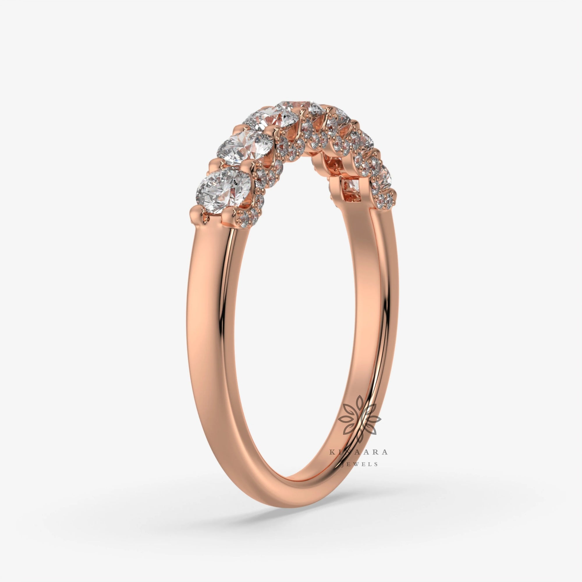 Seven Round Cut Moissanite Hidden Halo Half Eternity Wedding Band in rose gold