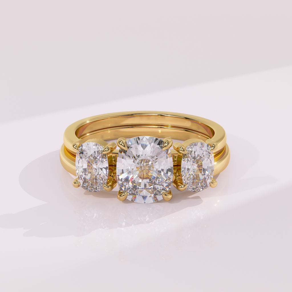 Twin elongated cushion cut moissanite guard ring in yellow white or rose gold