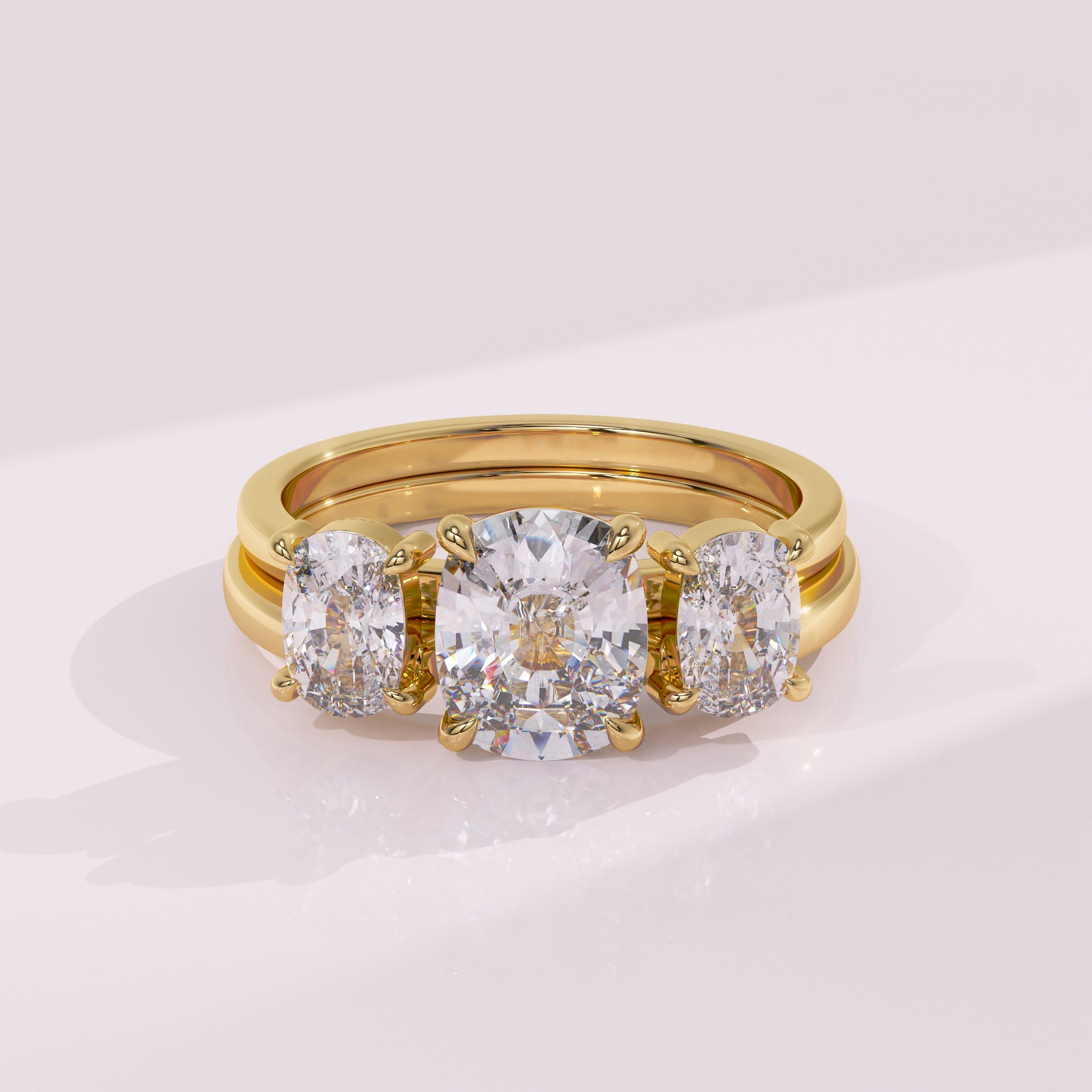 Twin elongated cushion cut moissanite guard ring in yellow white or rose gold