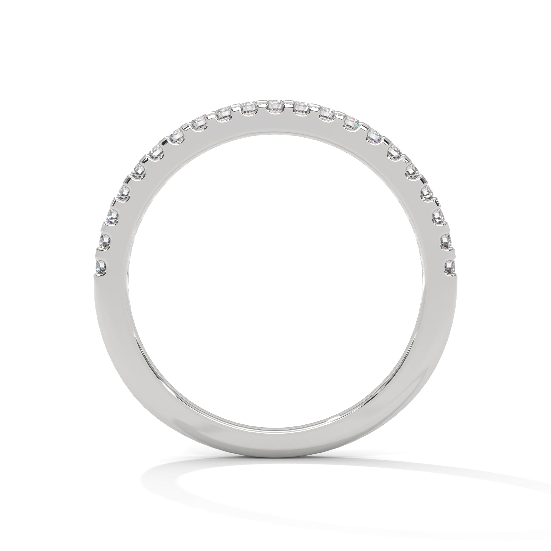 dainty round moissanite gold wedding band in 10K White gold